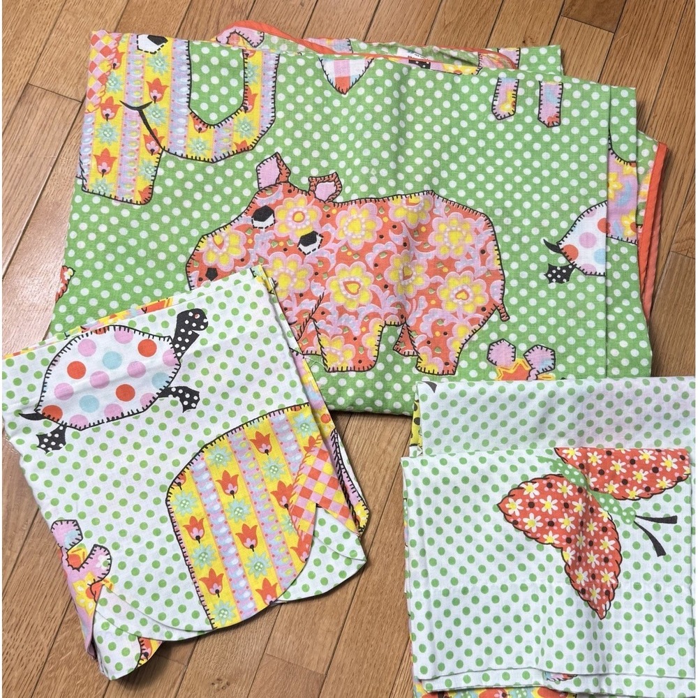 Vntg Fieldcrest Calico Zoo Animals Twin Bed Set‎ 1970s  - Blanket, Pillow & Val